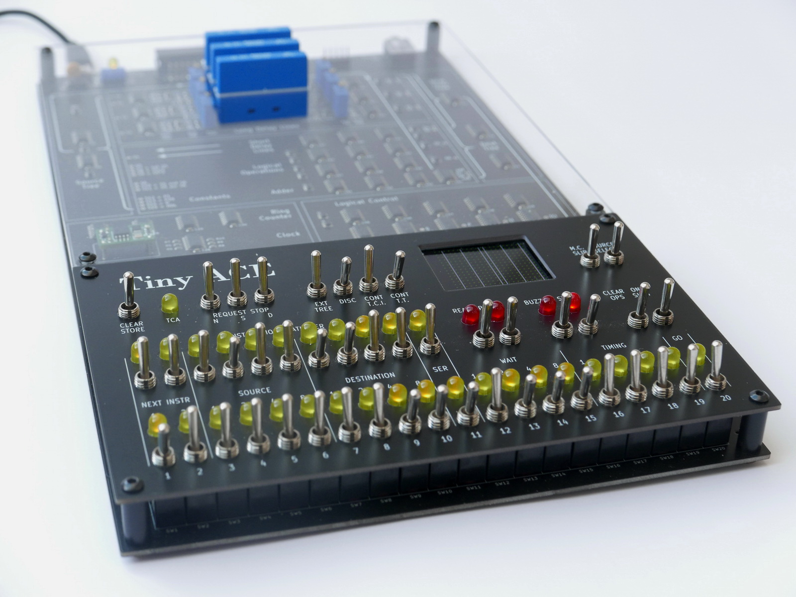 The Tiny ACE functional model: A single-board computer built from 74HC series logic. The three blue packages in the background are the ultrasonic memories, made from chroma delay lines from a PAL TV.
