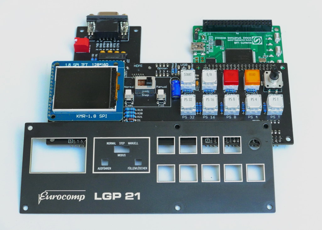 LGP-21 replica: Front panel overlay, control board, and FPGA board shown separately.